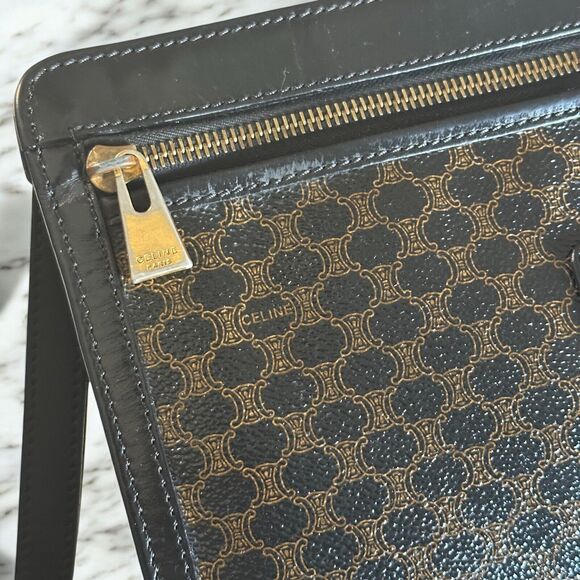 CELINE Macadam Clutch Handbag Black Brown Triomphe Leather Unisex Vintage 90s - Picture 11 of 16